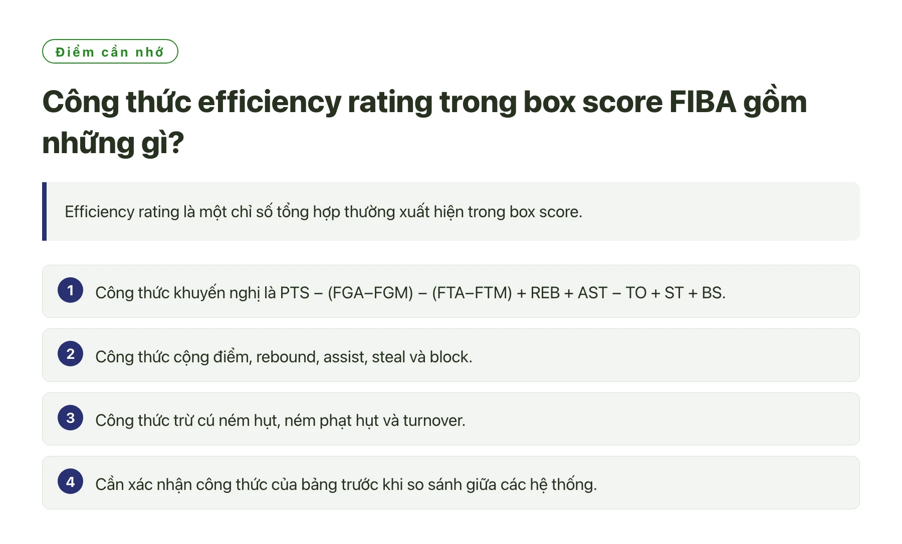 Công thức efficiency rating trong box score FIBA gồm những gì?——全文要点速览